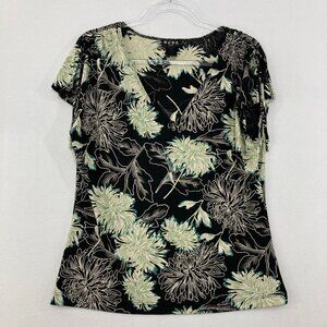 Vintage BCBG size XL V Neck Flutter Sleeve Dark Floral Stretch Top Y2K